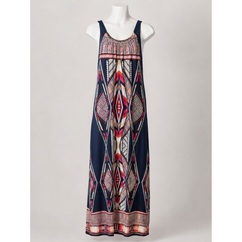 Emma & Michele Navy Tribal Geometric Maxi Dress Gold Hardware Accent Size M